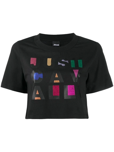Just Cavalli Cropped T-shirt With Lurex Logo In Black