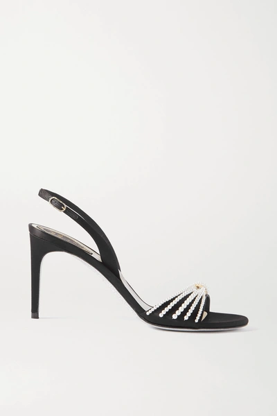 René Caovilla Faux Pearl And Crystal-embellished Satin Slingback Sandals In Black