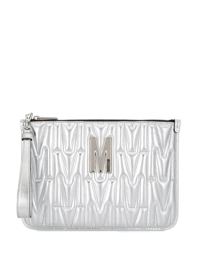 Moschino Monogram Quilted Clutch In Silver