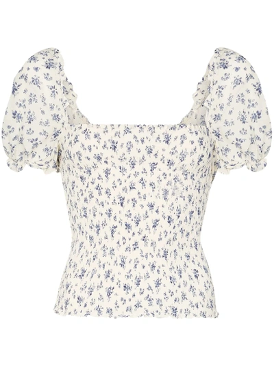Reformation Jess Cropped Floral-print Shirred Chiffon Top In Cream