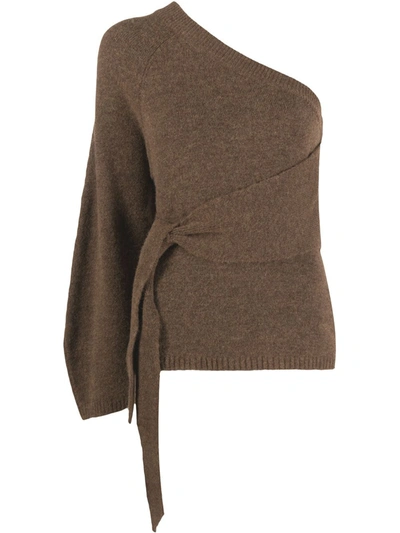 Nanushka Cleto Cropped One-sleeve Tie-detailed Stretch-knit Sweater In Brown