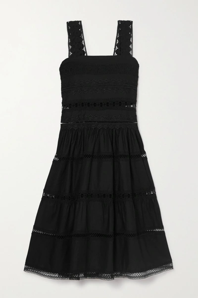 Waimari Maya Shirred Crocheted Lace-trimmed Cotton-blend Dress In Black
