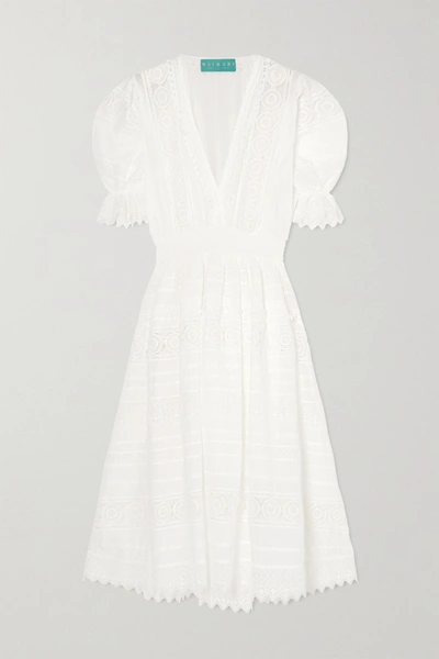 Waimari Lumiere Shirred Guipure Lace-trimmed Voile Midi Dress In White