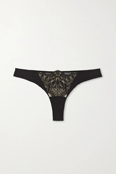 Id Sarrieri Embroidered Stretch-tulle And Jersey Thong In Black
