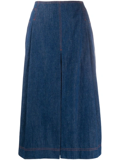 Chloé Pleated Organic Denim Midi Skirt In Blue