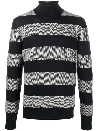 Giorgio Armani Turtleneck In Cashmere And Virgin Wool With Herringbone Bands In Blue,white