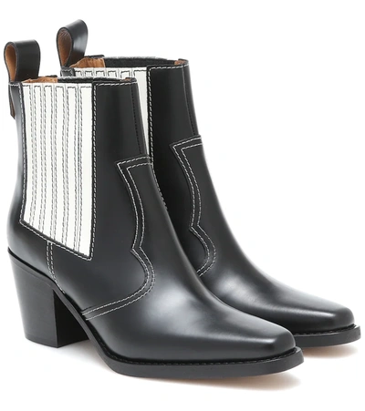Ganni 60 Western Leather Ankle Boots In Black