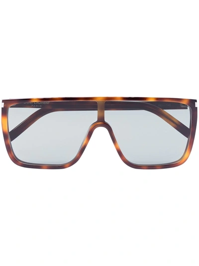 Saint Laurent Brown 364 Shield Tortoiseshell Sunglasses In Shiny Medium Havana/ Green