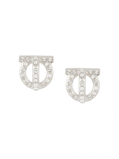 Ferragamo Silver Tone Gancini Crystal Earrings