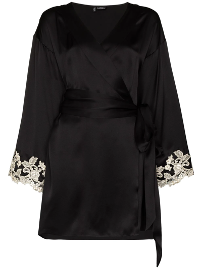 La Perla Maison Short Lace-trim Silk-blend Satin Robe In Schwarz