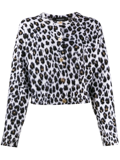 Versace Leopard Print Knitted Cardigan In White