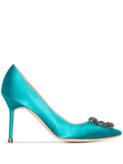 Manolo Blahnik Blue Hangisi 90 Jewel Buckle Pumps