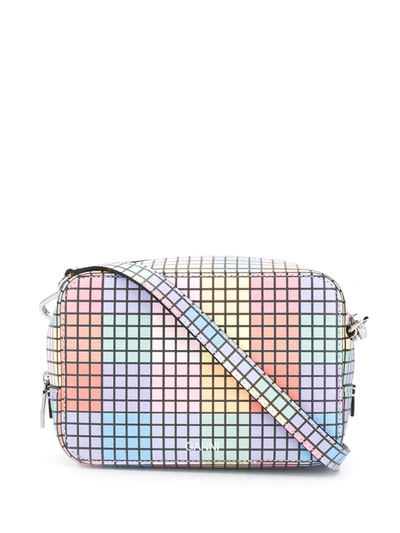 Ganni Multicoloured Cube Print Leather Camera Bag In Blue