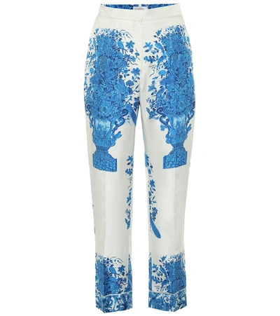 Valentino Ivory Floral-print Silk-twill Trousers In Blue