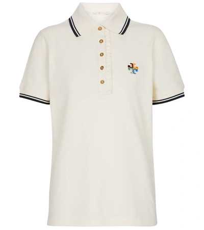 Tory Burch Ruffle Cotton Pique Polo Shirt In White