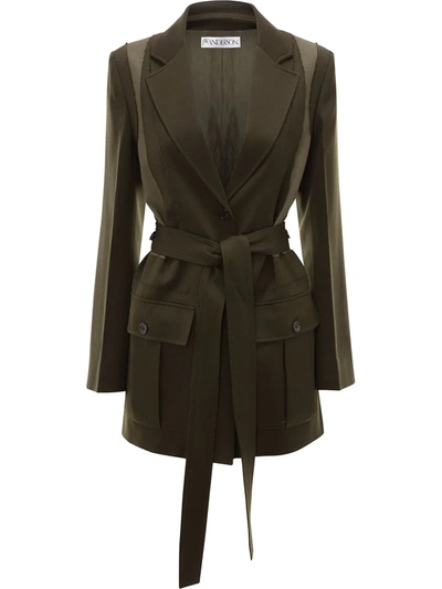 Jw Anderson Belted Patchwork Wool And Twill Jacket In Dark Green