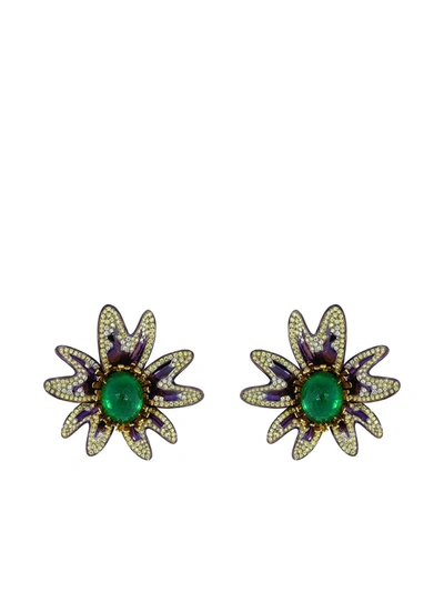 Saboo Fine Jewels 18kt White Gold Emerald And Diamond Flower Earrings In Titanium