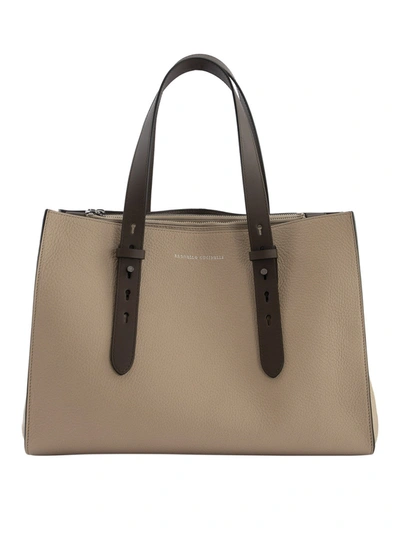 Brunello Cucinelli Shopper Bag Texture Calfskin Bag With Monili And Adjustable Handles In Beige