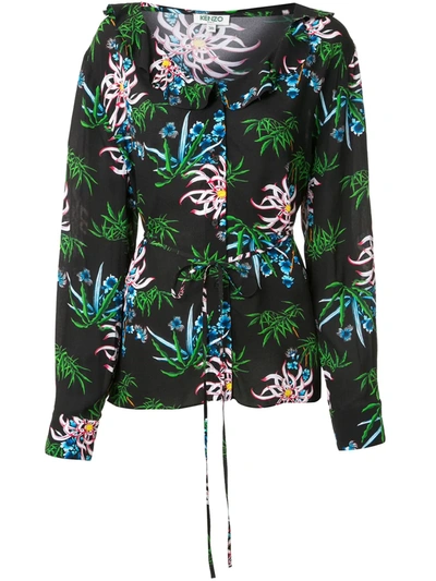 Kenzo Multicolor Floral Print Shirt In Black