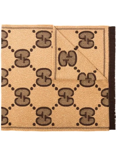Gucci Brown Gg Logo Jacquard Wool Scarf