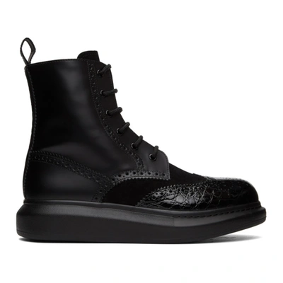 Alexander Mcqueen Exaggerated-sole Suede And Patent Croc-effect Leather Boots In Black