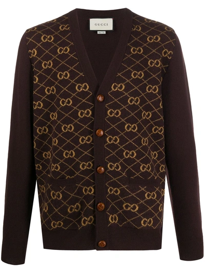 Gucci Gg Embroidered Knitted Cardigan In Brown