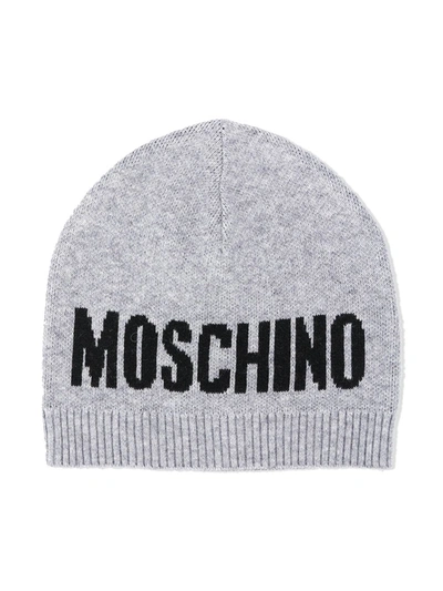 Moschino Babies' Knitted Logo Hat In Grey
