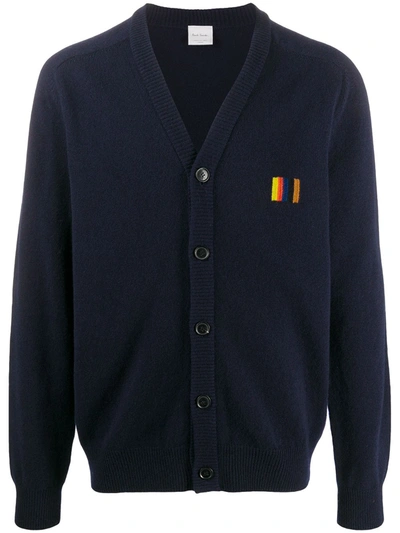 Paul Smith Wool Knit Cardigan W/ Embroidered Logo In Navy