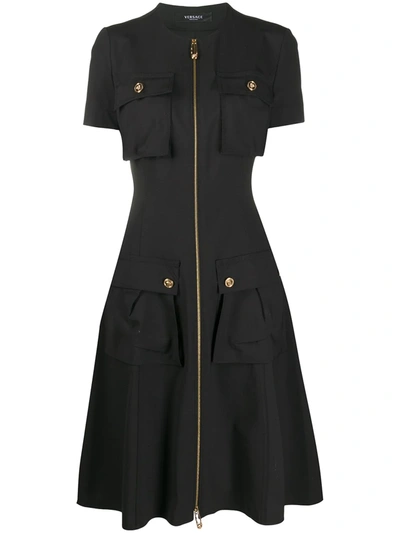 Versace Medusa Button Zip-front Dress In Black