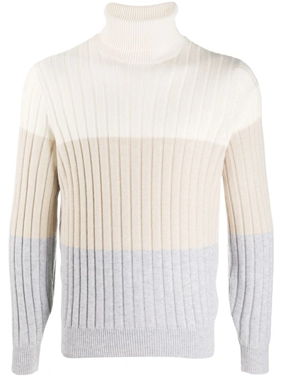 Brunello Cucinelli Stripe Rib Turtleneck Cashmere Sweater In Multicolor