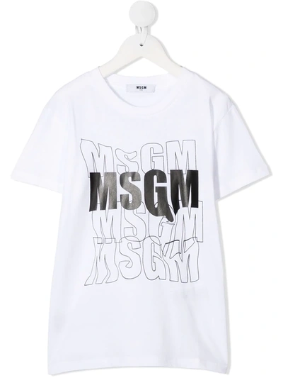 Msgm Kids' Short Sleeve Distorted Logo T-shirt In White