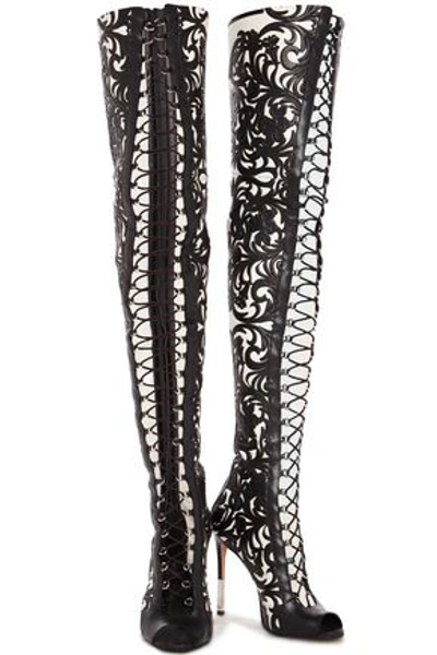 Balmain Campbell Lace-up Leather-trimmed Stretch-suede Thigh Boots In Black