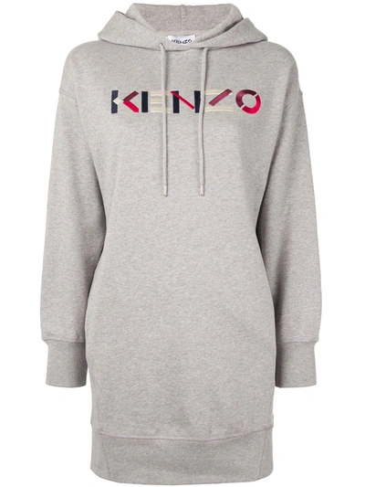 Kenzo Logo Print Drawstring Hoodie Dress In Grey