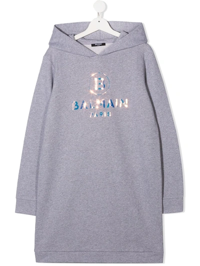 Balmain Teen Logo-print Hoodie Dress In Grey
