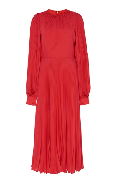 Andrew Gn Pleated Bishop Sleeve Silk Dress In Red