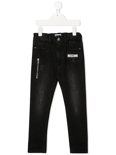 Moschino Teen Distressed Skinny Jeans In Black