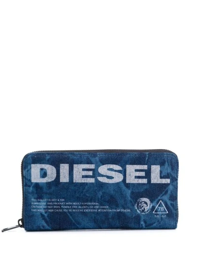 Diesel Logo Embroidered Wallet In Blue