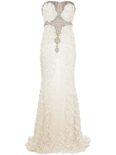 Amen Floral Appliqué Embellished Gown In Neutrals