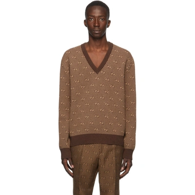 Gucci Brown Wool Jacquard Gg Stripe V-neck Jumper