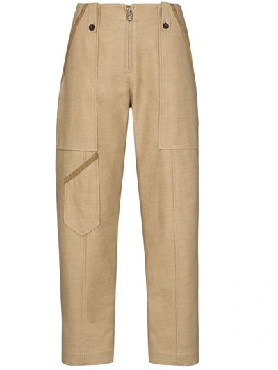Chloé Patch-pocket Linen-blend Cropped Trousers In Brown
