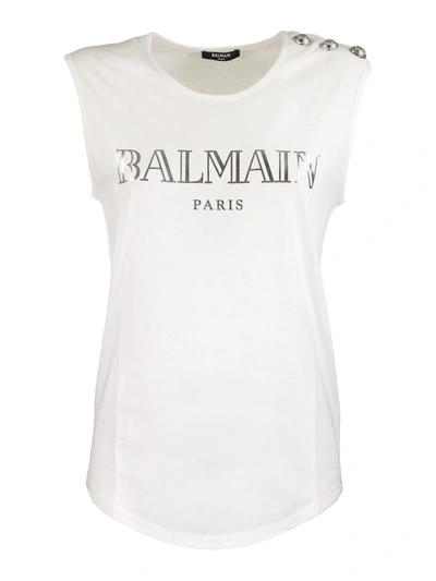 Balmain Silver Logo Print Top In White