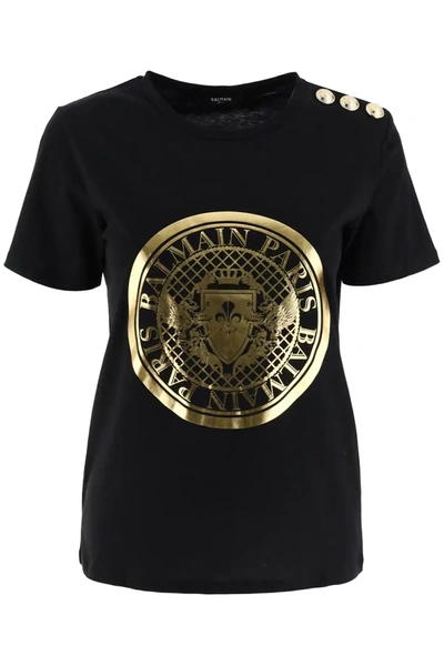 Balmain Golden Medallion Print T-shirt In Black In Black,gold