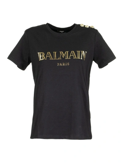 Balmain Black T-shirt Featuring Logo Print And Buttons