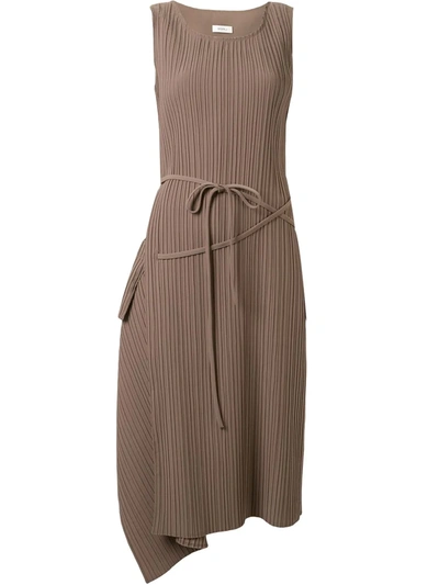 Goen J Asymmetric Draped Plissé-twill Midi Dress In Taupe