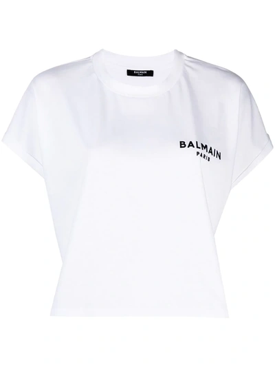 Balmain 植绒logo短款棉质t恤 In White
