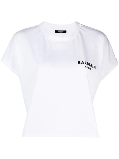Balmain Cropped Flocked Cotton-jersey T-shirt In White