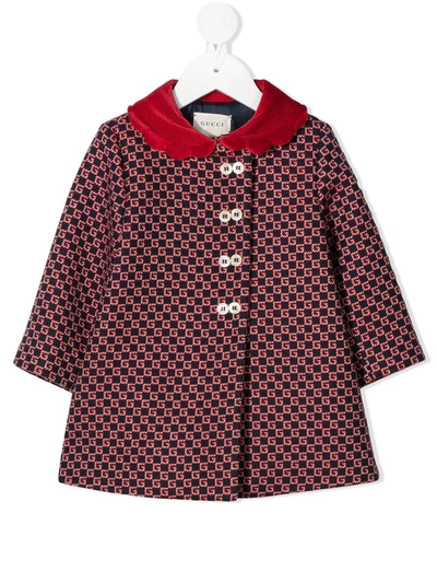 Gucci Blue Coat With Double Gg For Baby Girl In Blu/rosso