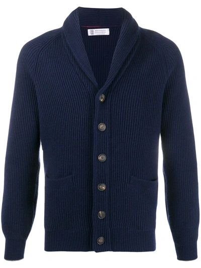 Brunello Cucinelli Side Patch Pocket Buttoned Cardigan In Blue