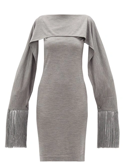 Burberry Merino Wool Dress With Fringe Capelet In Gray