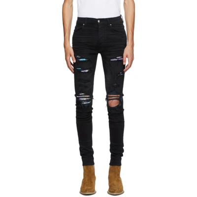 Amiri Hawaiian Print Patch Distressed Skinny Jeans In Black